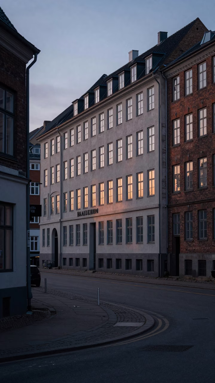 Early Morning Copenhagen Street Scene with Bauhaus Architecture and Historic Danish Facades Before Sunrise in in Copenhagen, Denmark