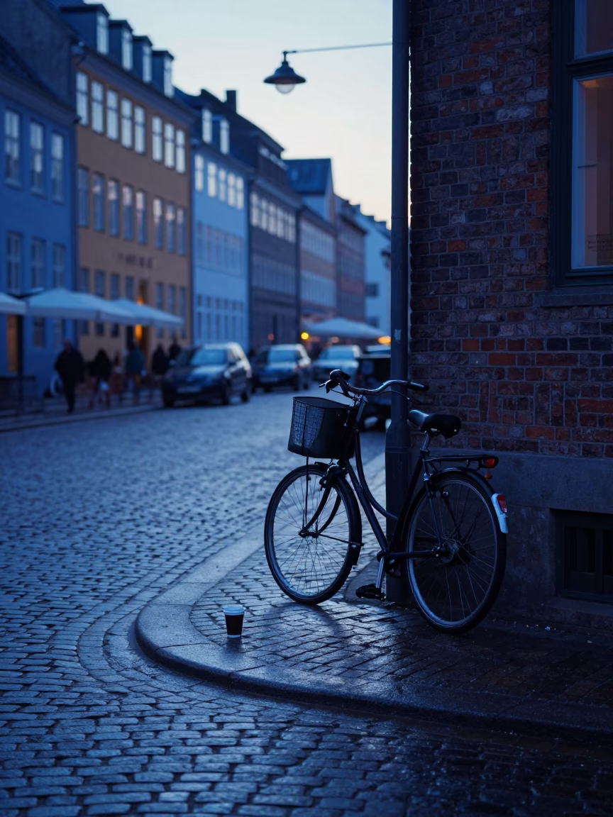Early Morning Copenhagen Street Scene with Bicycle and Coffee Cup Before Sunrise in in Copenhagen, Denmark