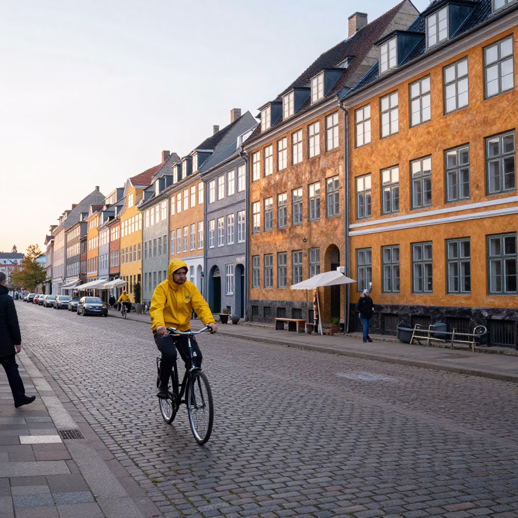 Early Morning Copenhagen Street Scene with Bicycle and Traditional Architecture in in Copenhagen, Denmark