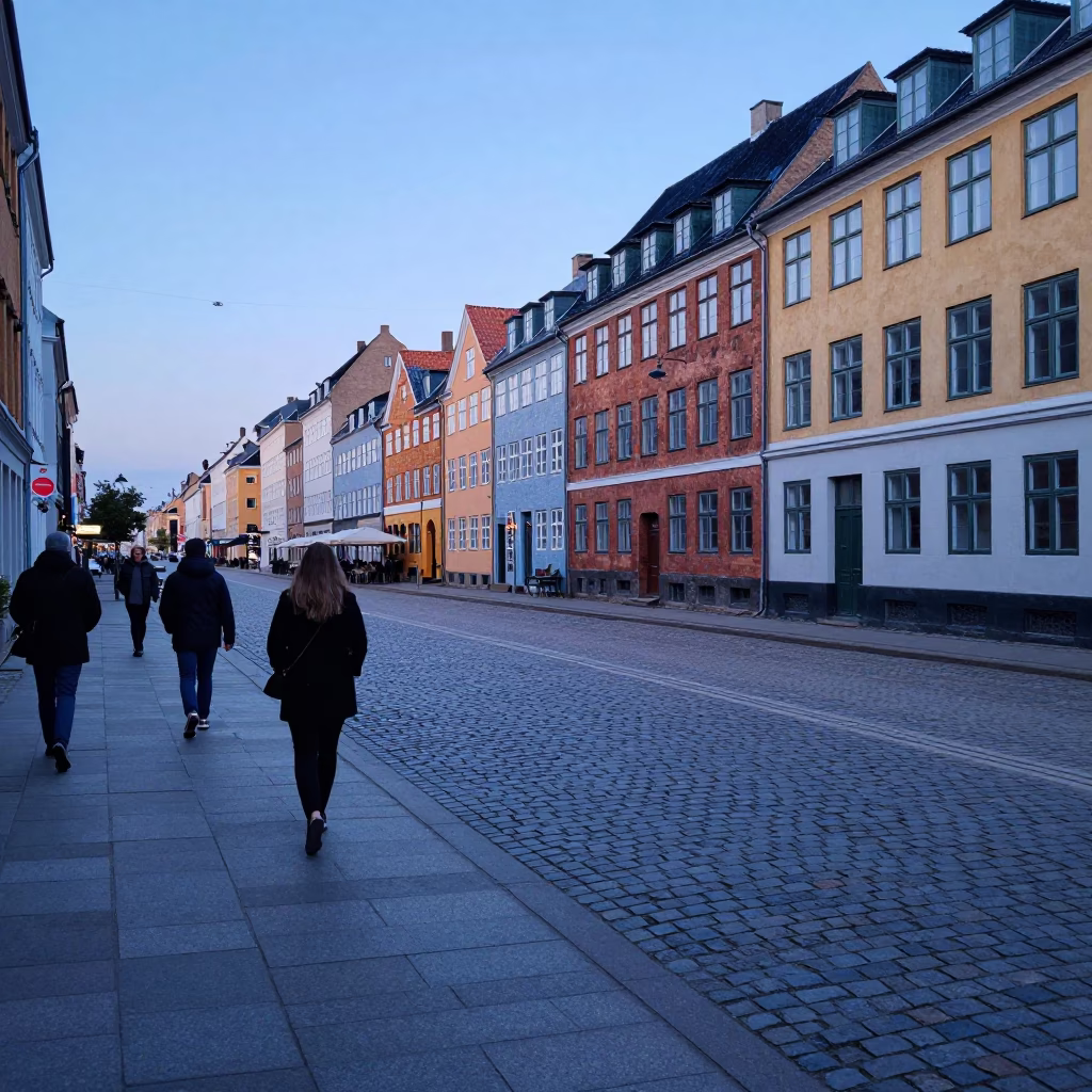 Early Morning Copenhagen Street Scene with Colorful 1960s Aesthetic and Urban Details in in Copenhagen, Denmark