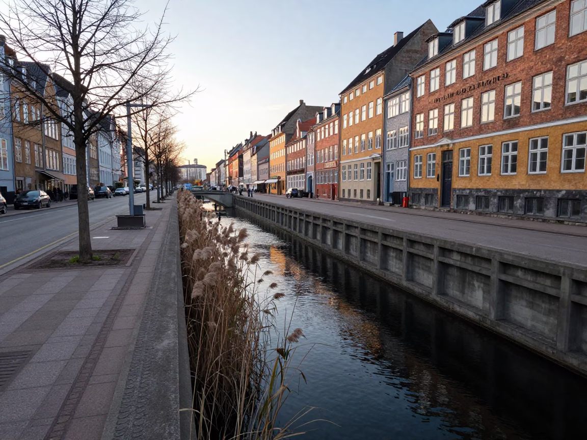 Early Morning Copenhagen Street Scene with Concrete Canal and Reeds at Dawn in in Copenhagen, Denmark