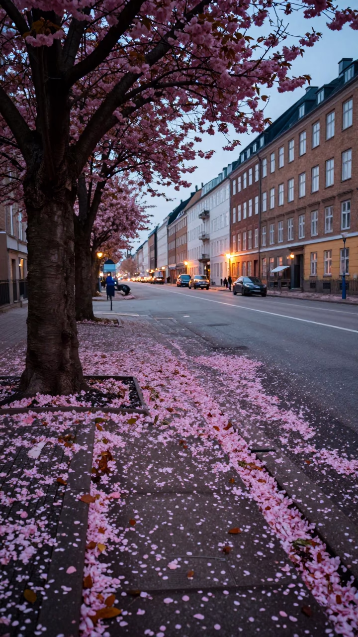 Early Morning Copenhagen Street Scene with Fallen Petals and Urban Morning Commute in in Copenhagen, Denmark