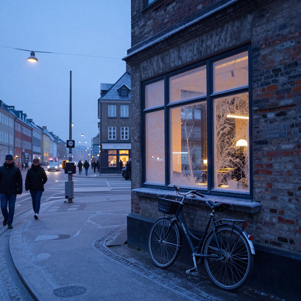 Early Morning Copenhagen Street Scene with Frost and Urban Infrastructure Before Dawn in in Copenhagen, Denmark
