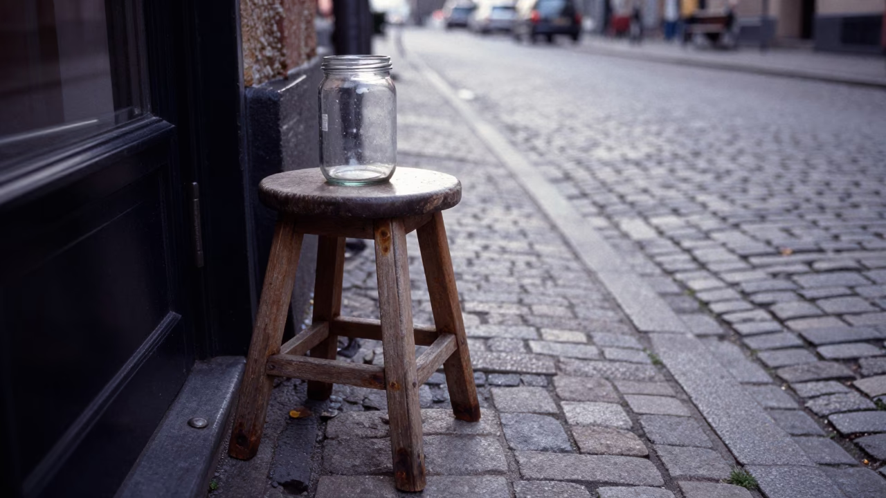 Early Morning Copenhagen Street Scene with Glass Jar and Oranges on Cobblestones in in Copenhagen, Denmark