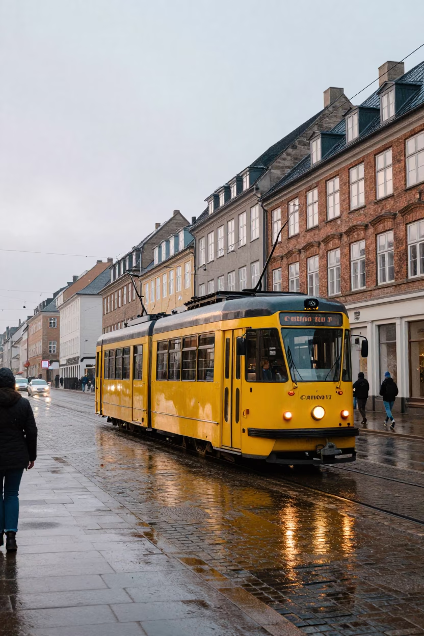 Early Morning Copenhagen Street Scene with Heritage Tram on Cobblestone Avenue in in Copenhagen, Denmark