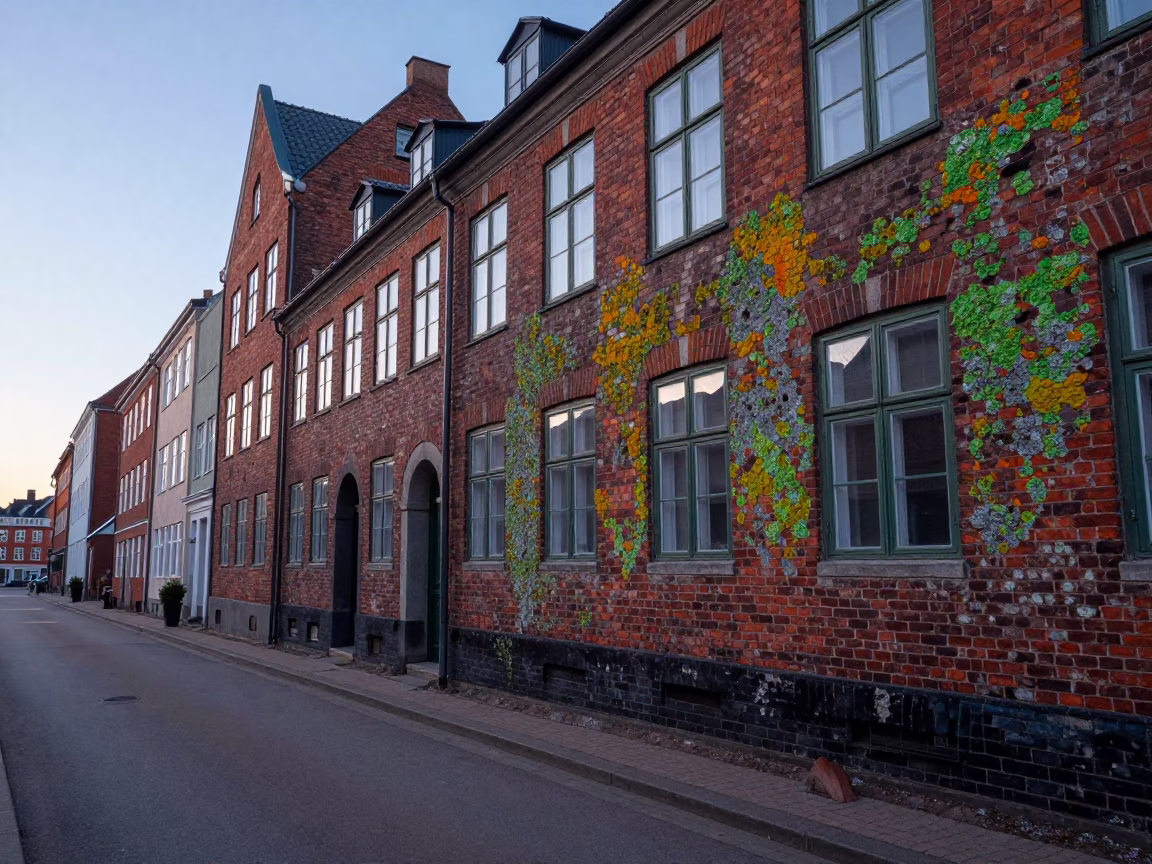 Early Morning Copenhagen Street Scene with Lichen Covered Brickwork and Frosty Atmosphere in in Copenhagen, Denmark