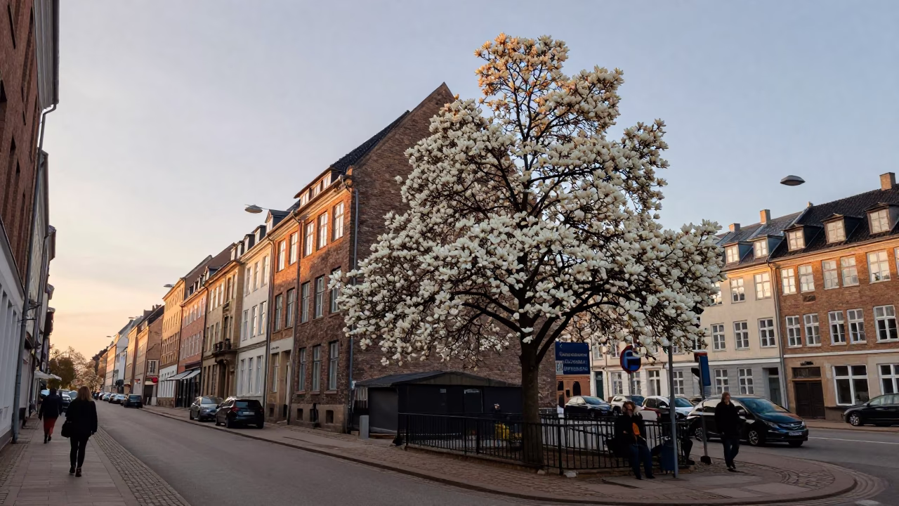 Early Morning Copenhagen Street Scene with Magnolia Blossoms and Local Morning Commuters in in Copenhagen, Denmark
