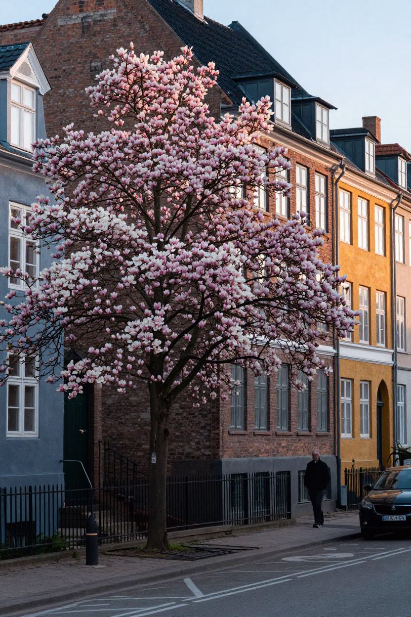 Early Morning Copenhagen Street Scene with Magnolia Blossoms and Vintage Bicycle in in Copenhagen, Denmark
