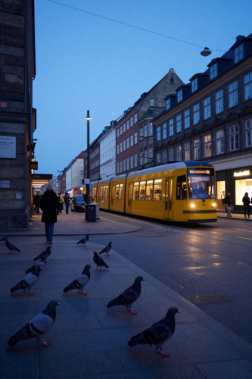 Early Morning Copenhagen Street Scene with Pigeons and Tram in Pre-Dawn Light in in Copenhagen, Denmark