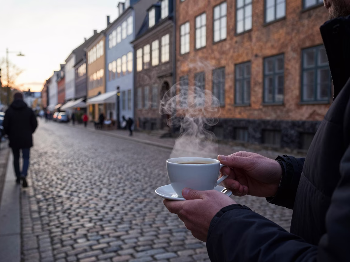 Early Morning Copenhagen Street Scene with Pour-Over Coffee and Houseplant in in Copenhagen, Denmark