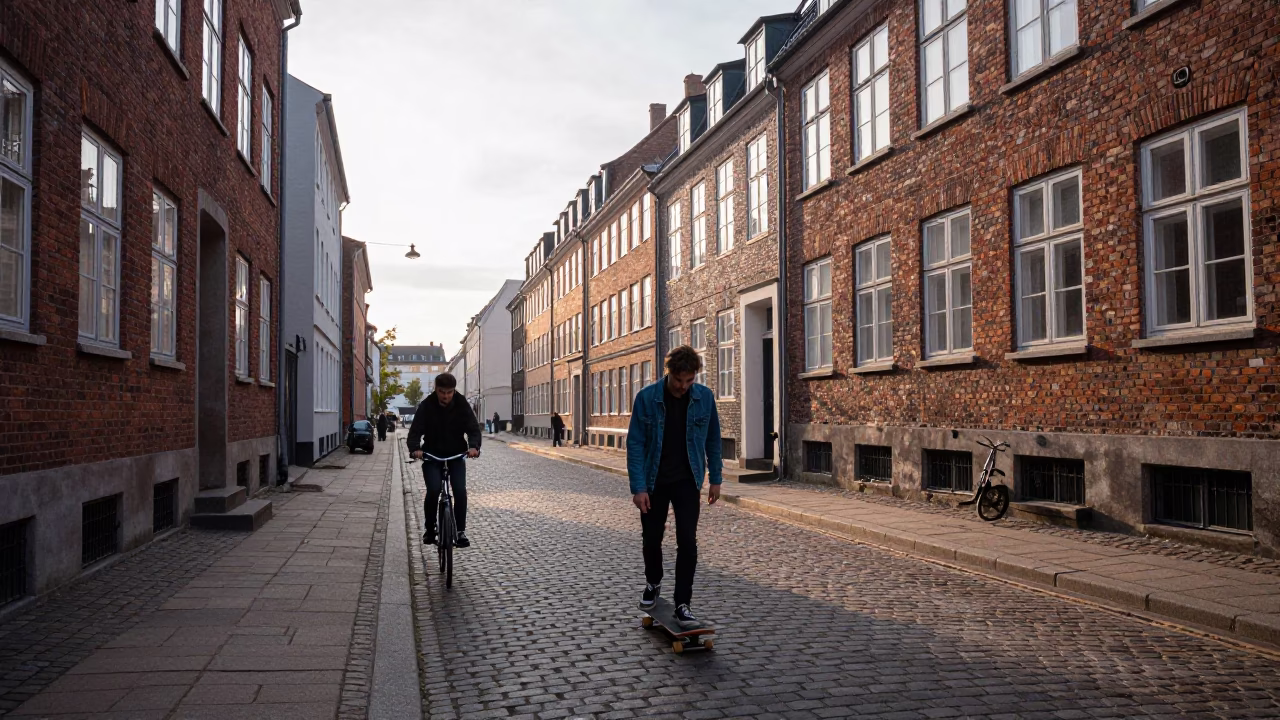Early Morning Copenhagen Street Scene with Skateboarder and Bicycle Traffic in in Copenhagen, Denmark