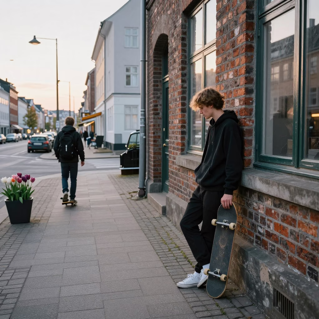 Early Morning Copenhagen Street Scene with Skateboarder and Tulips in in Copenhagen, Denmark