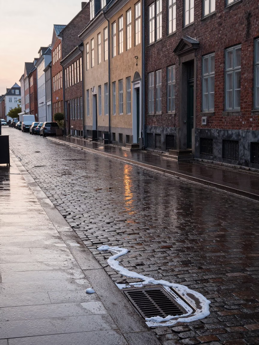 Early Morning Copenhagen Street Scene with Soap Residue and Local Architecture in in Copenhagen, Denmark