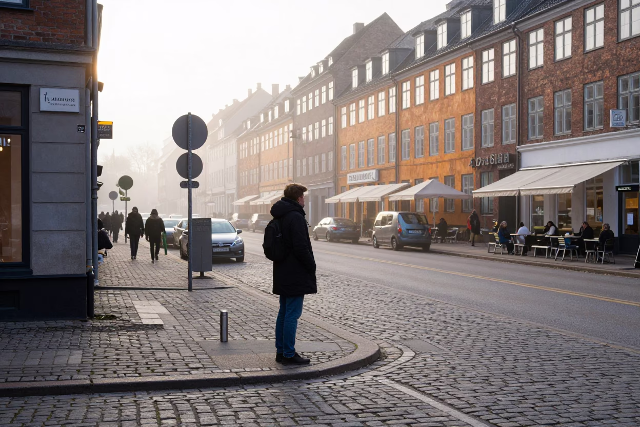 Early Morning Copenhagen Street Scene with Thermos and Local Interaction in in Copenhagen, Denmark