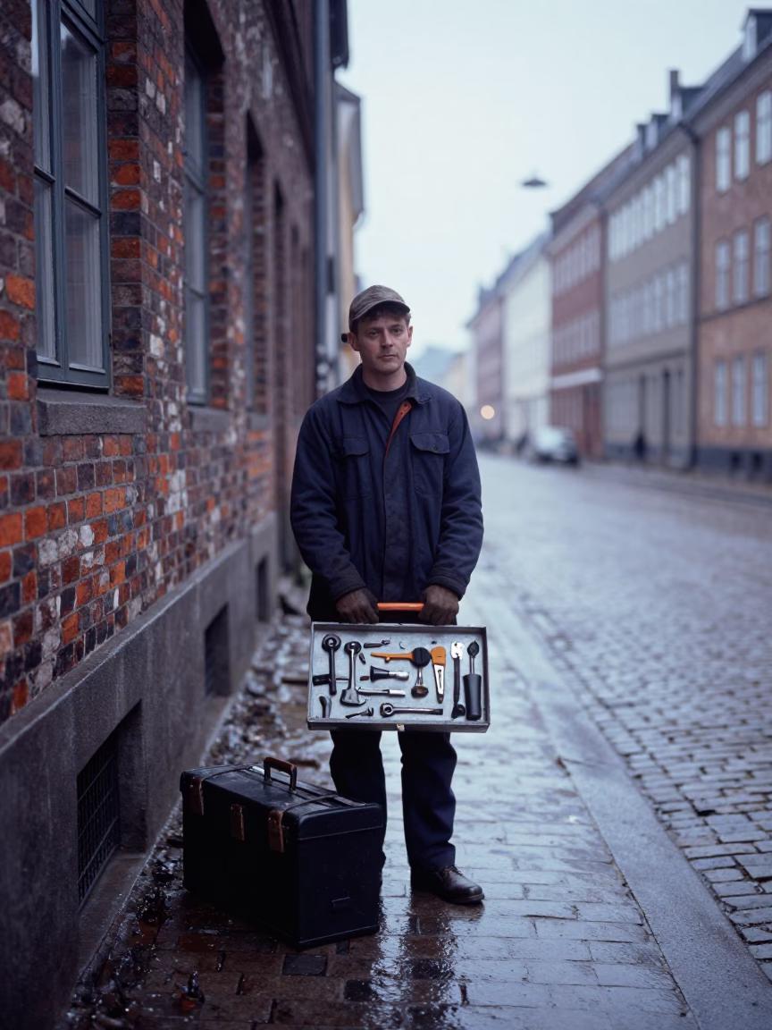 Early Morning Copenhagen Street Scene with Toolbox and Pin Tin on Cobblestone in in Copenhagen, Denmark