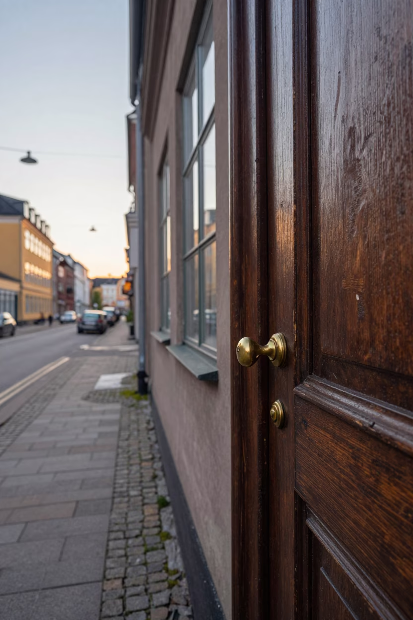 Early Morning Copenhagen Street Scene with Traditional Door Handle and Doormat in in Copenhagen, Denmark