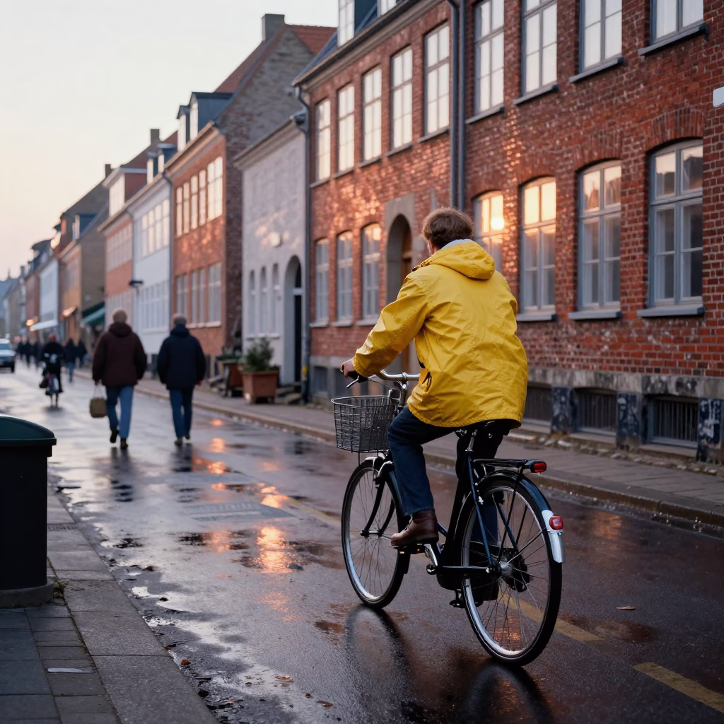 Early Morning Copenhagen Street Scene with Vintage Bicycle and Local Market Stalls in in Copenhagen, Denmark