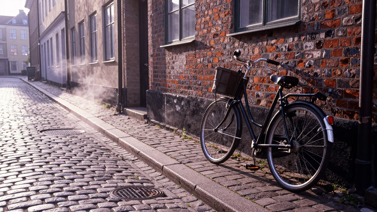 Early Morning Copenhagen Street Scene with Vintage Bicycle and Rusty Metal Details in in Copenhagen, Denmark