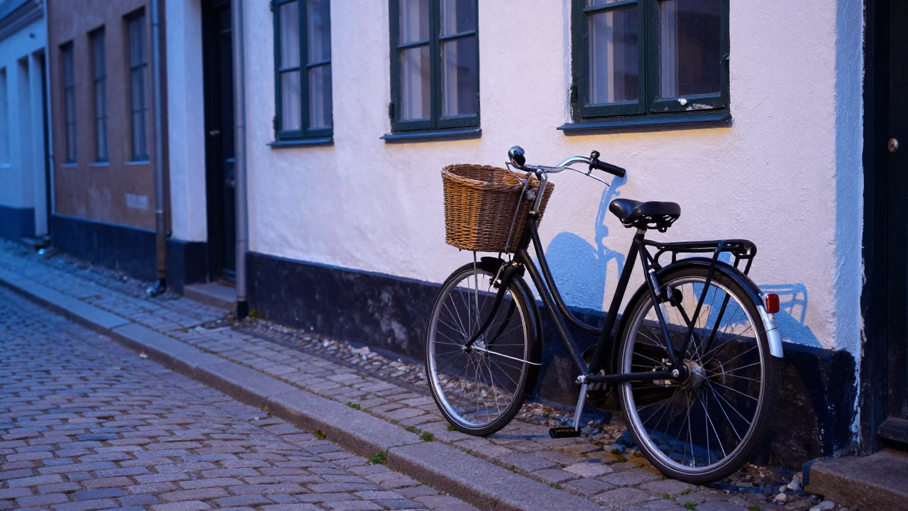 Early Morning Copenhagen Street Scene With Vintage Bicycle And Wet Pavement Before Dawn in in Copenhagen, Denmark