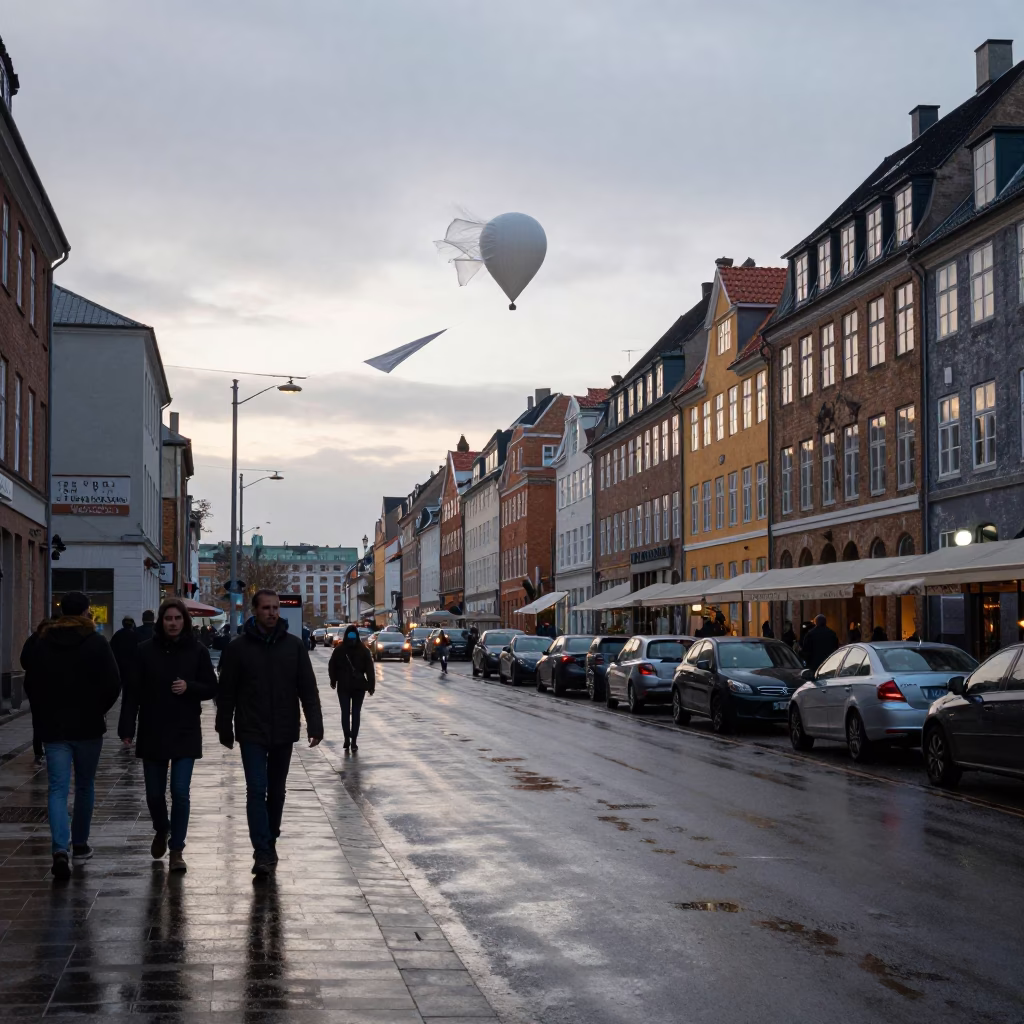 Early Morning Copenhagen Street Scene with Wet Asphalt and Urban Details in in Copenhagen, Denmark