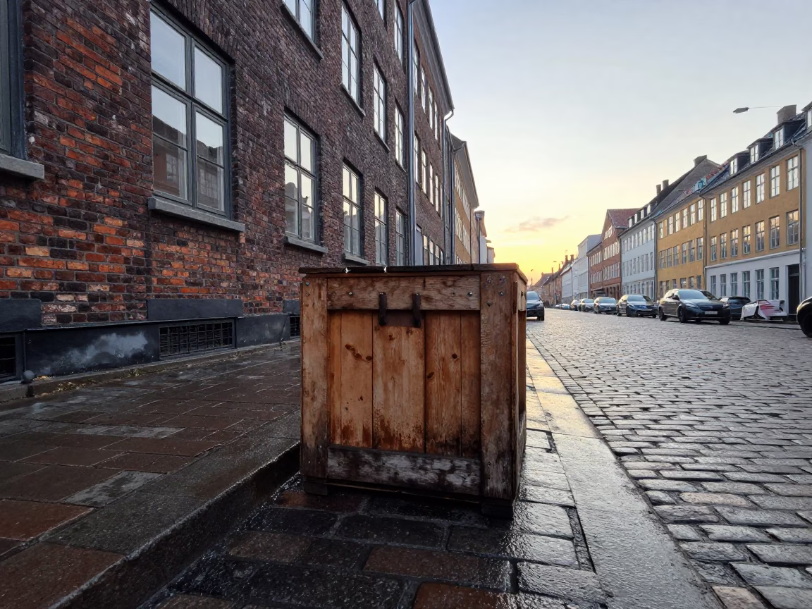 Early Morning Copenhagen Street Scene with Wooden Crate and Ashtray in in Copenhagen, Denmark