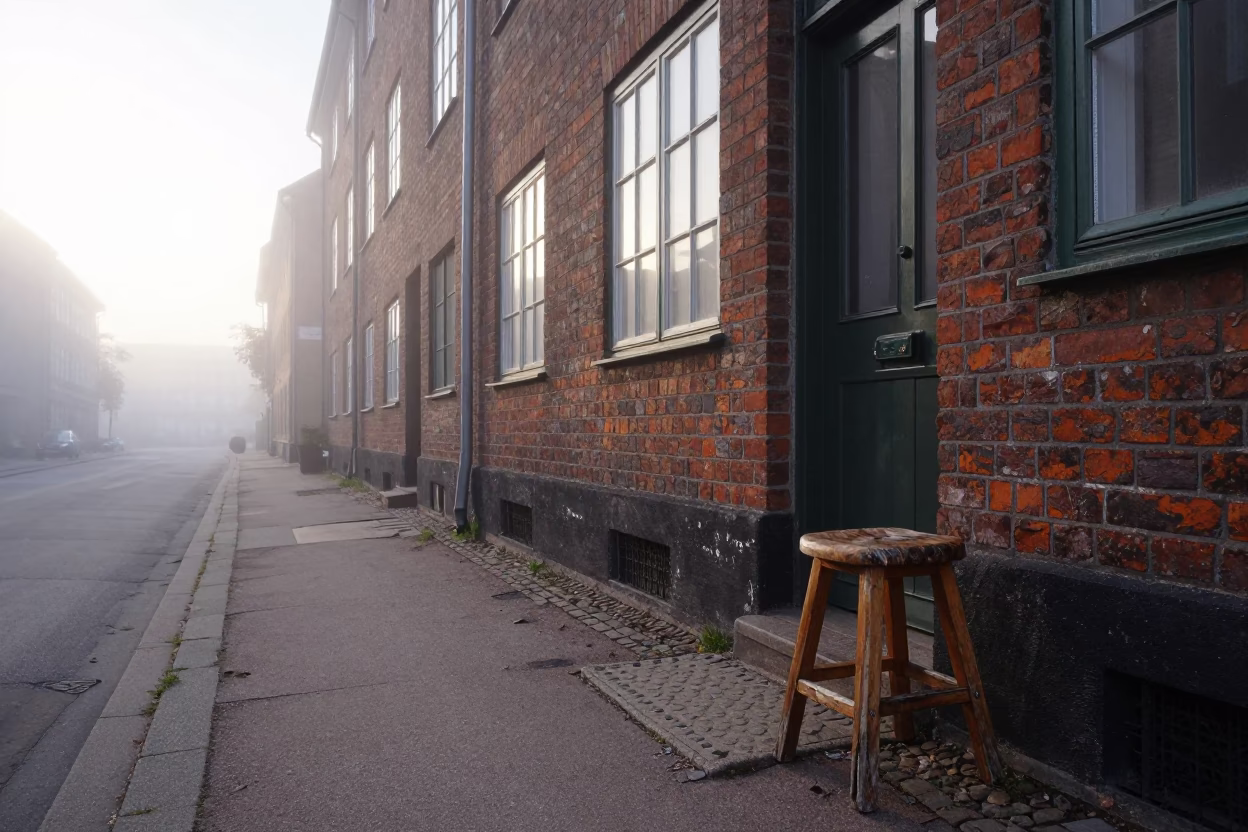 Early Morning Copenhagen Street Scene with Wooden Stool and Geraniums in in Copenhagen, Denmark
