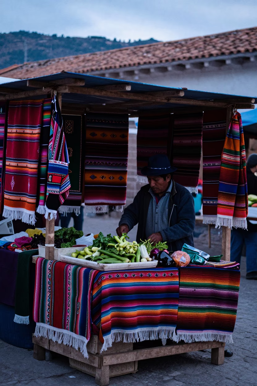 Early Morning Cusco Market Stall with Andean Textiles and Stone Architecture in in Cusco, Peru