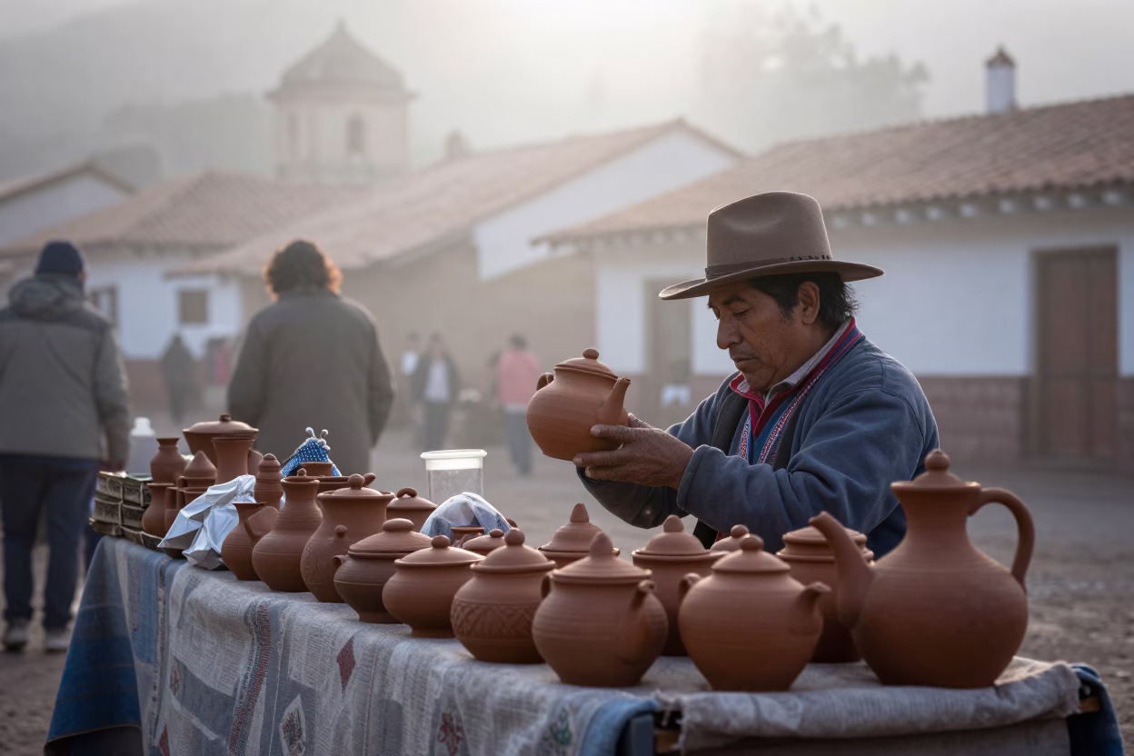 Early Morning Cusco Market Stall with Clay Teapot and Local Vendor in in Cusco, Peru