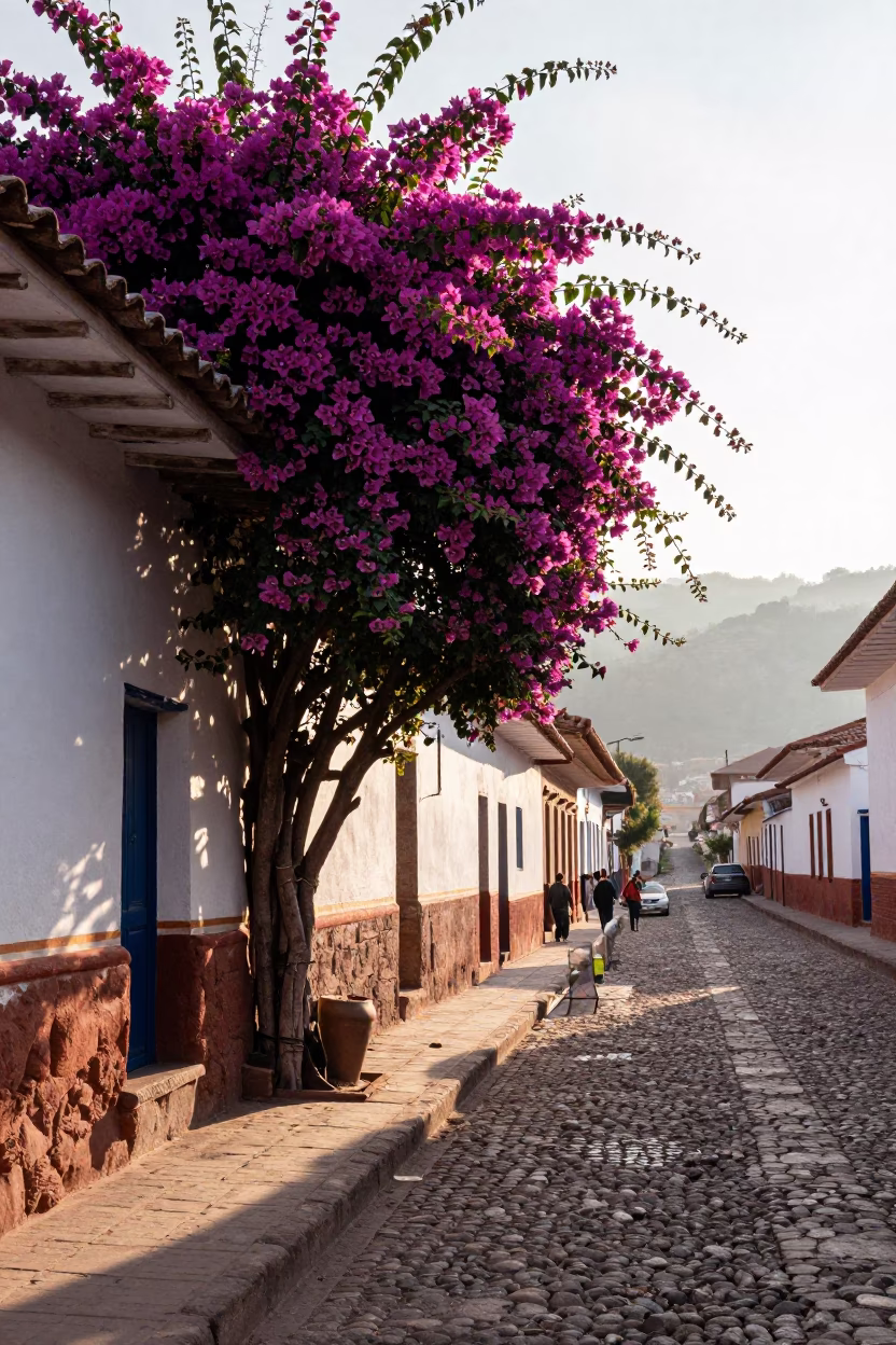 Early Morning Cusco Peru Street Scene with Bougainvillea and Local Market Activity in in Cusco, Peru