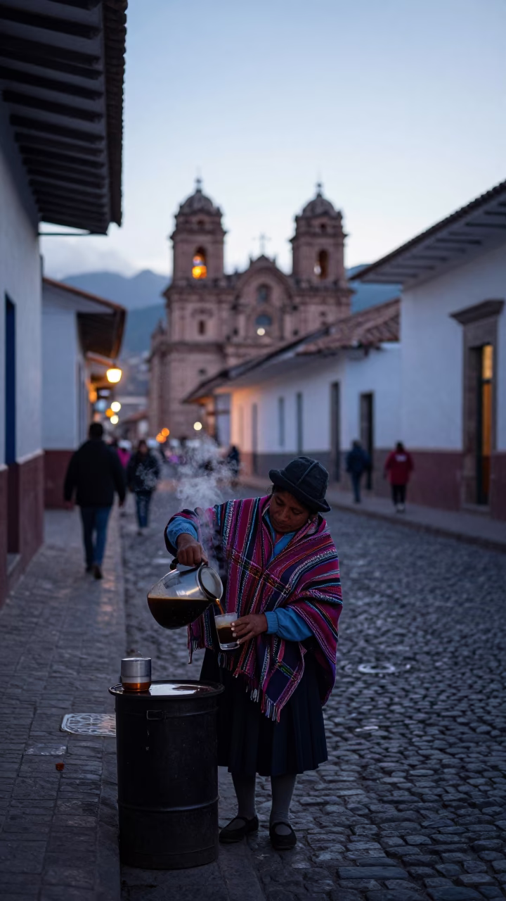 Early Morning Cusco Peru Street Scene with Coffee Vendor and Bottle in in Cusco, Peru