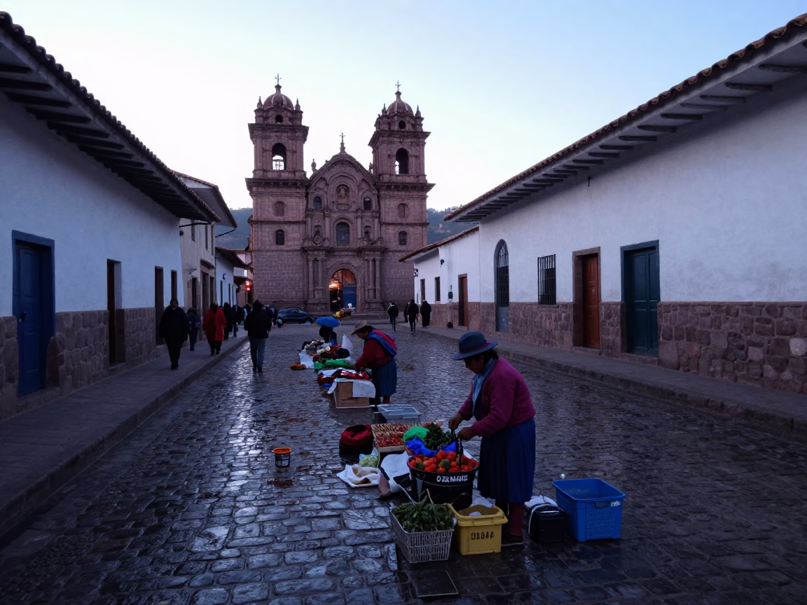 Early Morning Cusco Peru Street Scene with Traditional Market Goods and Local Life in in Cusco, Peru