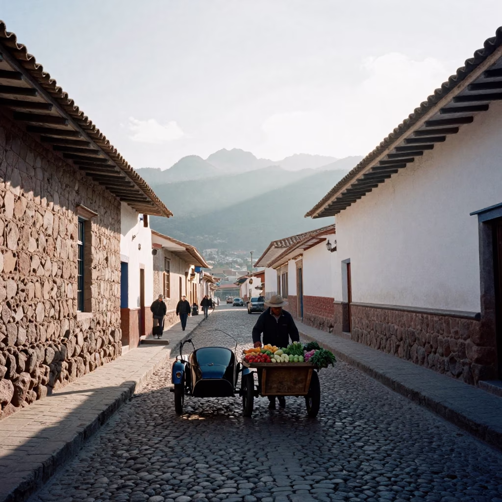 Early Morning Cusco Peru Street Scene with Vintage Motorcycle Sidecar and Local Commerce in in Cusco, Peru