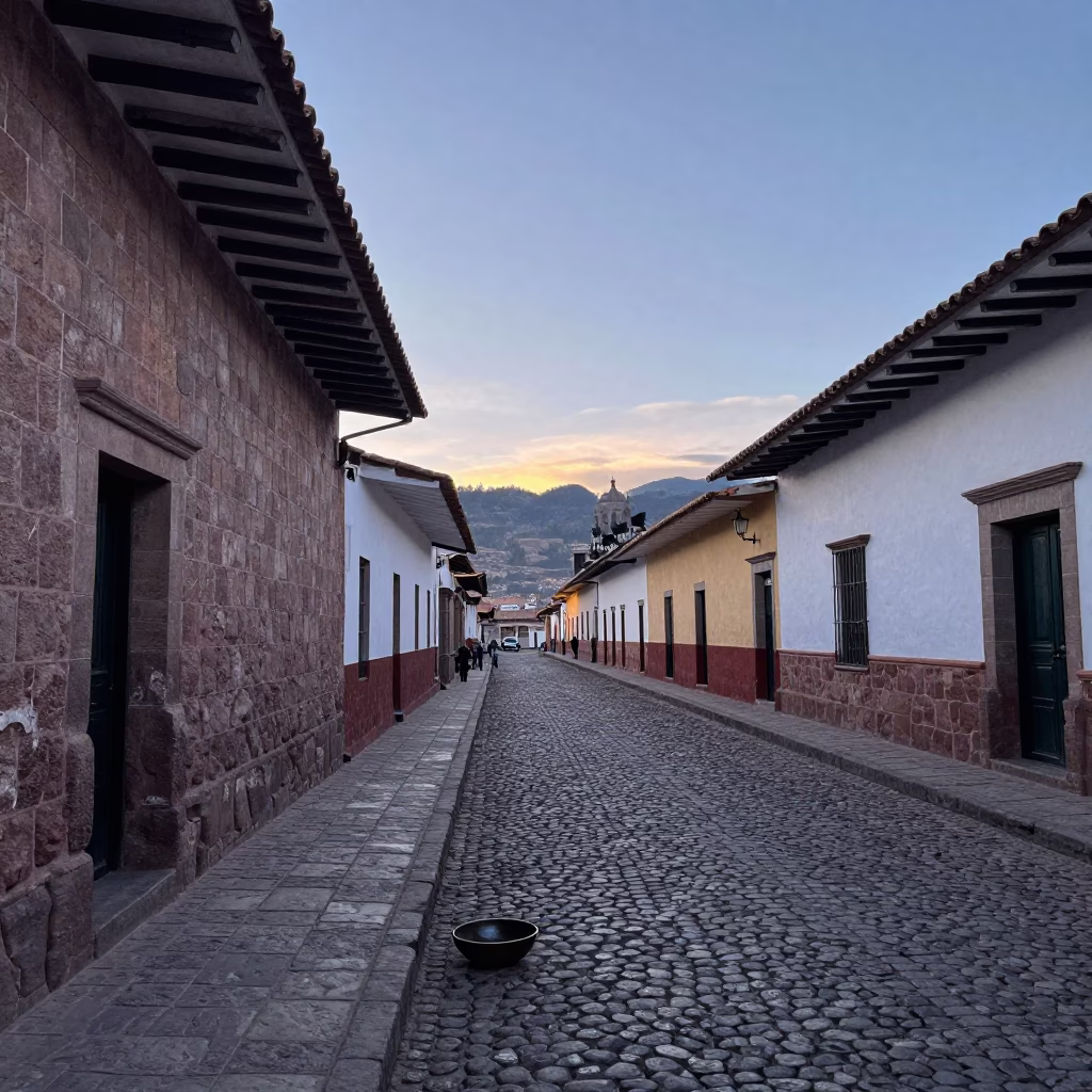 Early Morning Cusco Street Scene with Latch and Bowl Before Sunrise in in Cusco, Peru