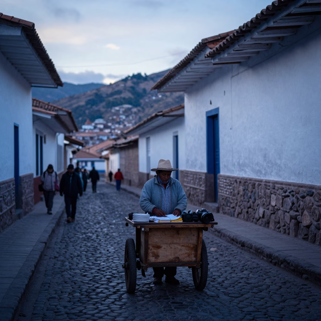 Early Morning Cusco Street Scene with Local Vendor and Pre-Dawn Light in in Cusco, Peru