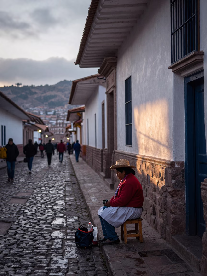 Early Morning Cusco Street Scene with Local Vendor and Traditional Stool in in Cusco, Peru