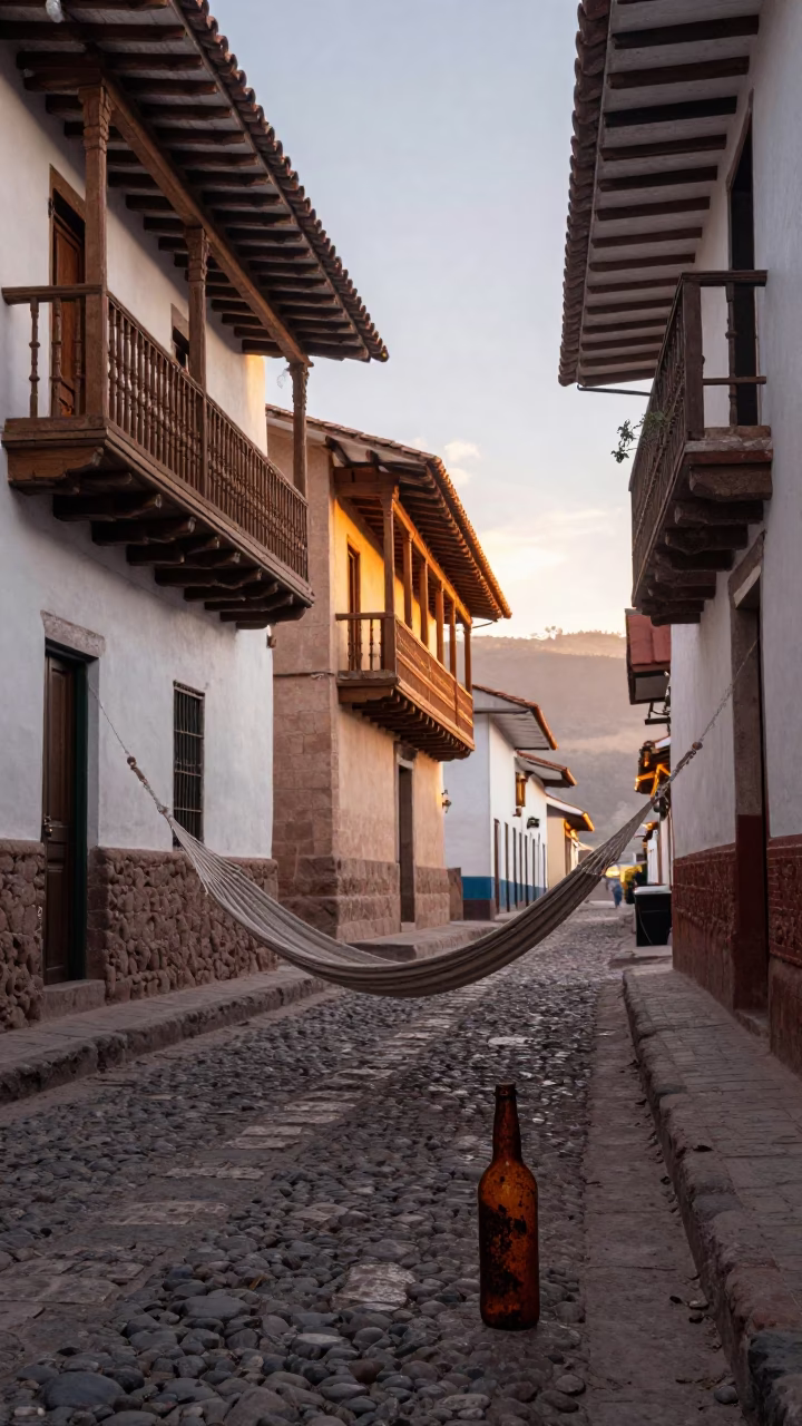 Early Morning Cusco Street Scene with Rusty Bottle and Hammock in Peruvian Andes in in Cusco, Peru