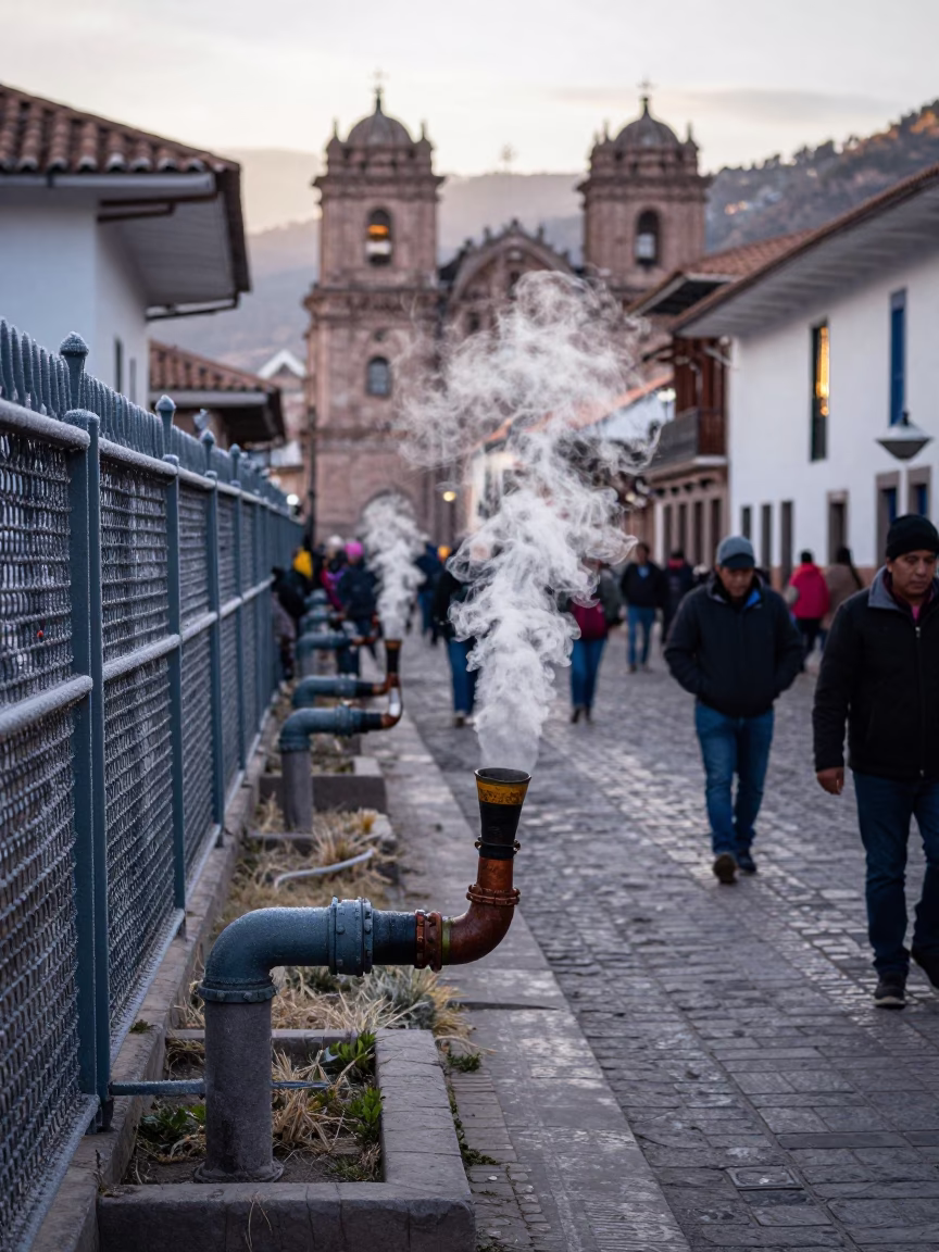 Early Morning Cusco Street Scene with Steaming Andean Pipes and Local Market Activity in in Cusco, Peru