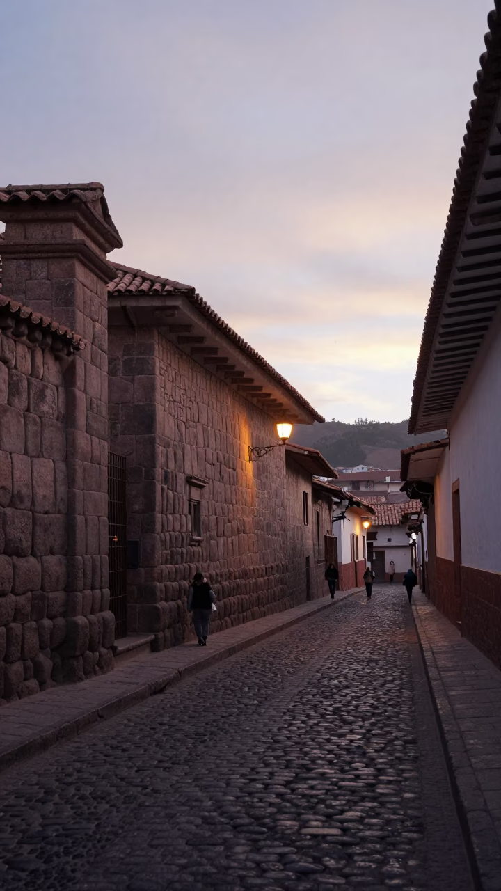 Early Morning Cusco Street Scene with Stone Walls and Local Commerce in in Cusco, Peru
