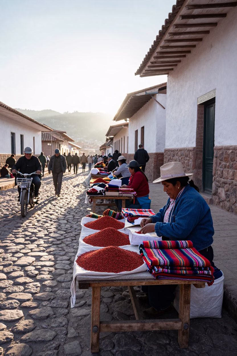 Early Morning Cusco Street Scene with Traditional Market Vendors and Local Commerce in in Cusco, Peru