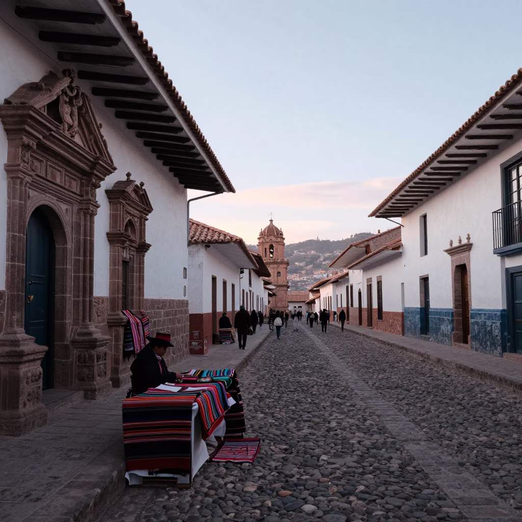Early Morning Cusco Street Scene with Traditional Textiles and Local Market Activity in in Cusco, Peru
