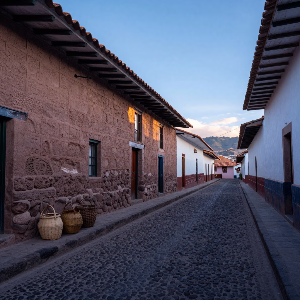 Early Morning Cusco Street Scene with Woven Baskets and Colonial Stone Architecture in in Cusco, Peru