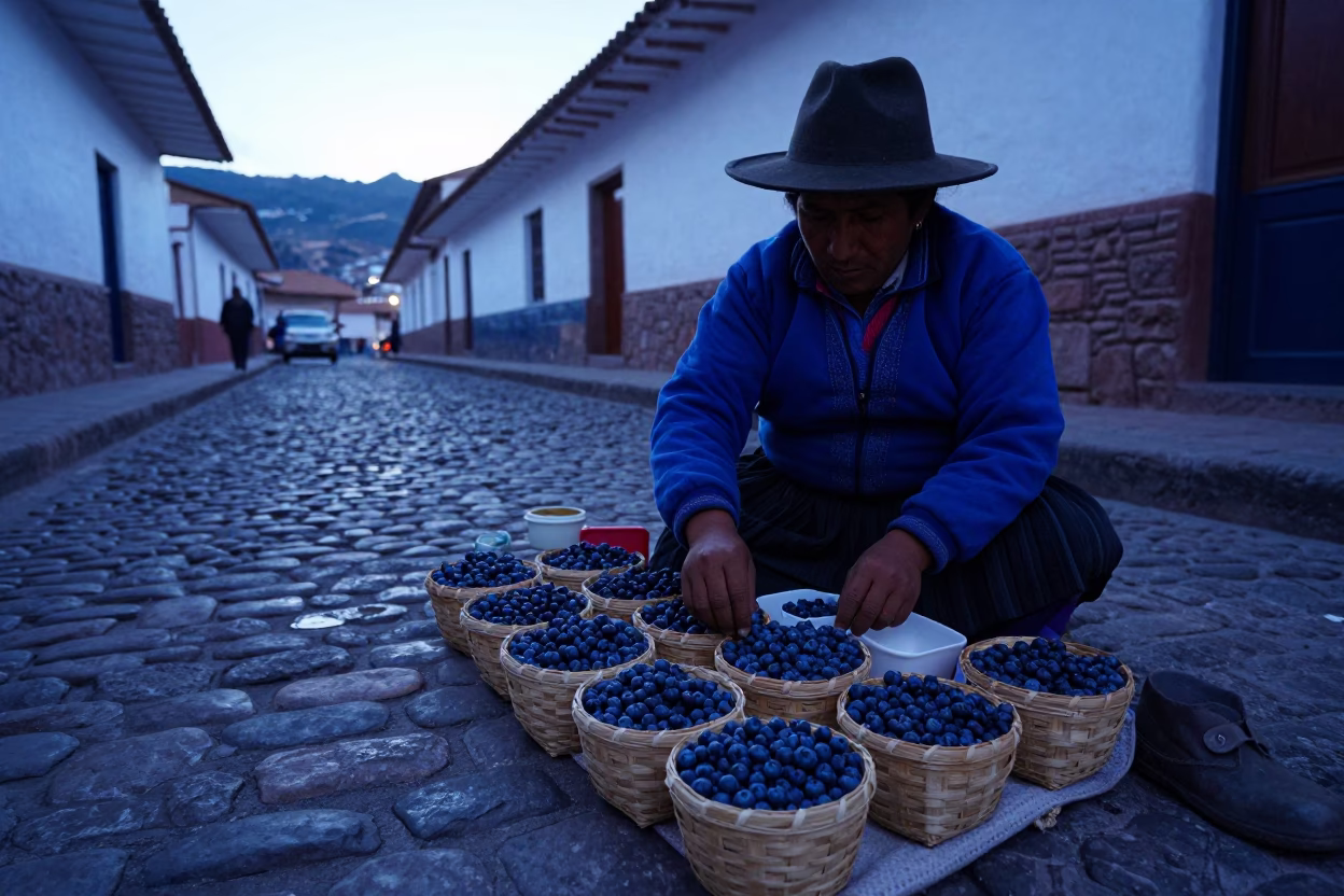 Early Morning Cusco Street Vendor with Fresh Blueberries and Traditional Market Stall in in Cusco, Peru