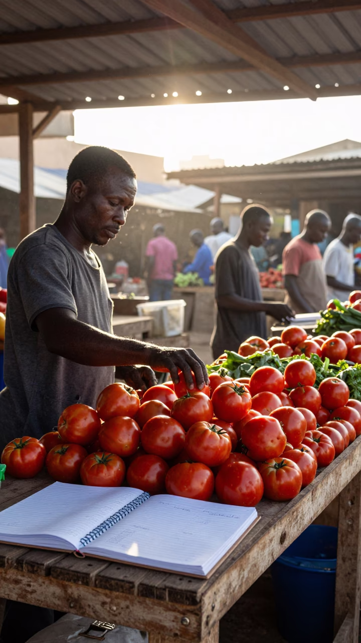 Early Morning Dakar Market Scene with Fresh Tomatoes and Local Ledger Book in in Dakar, Senegal