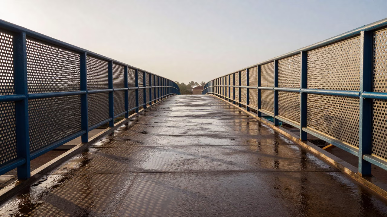 Early Morning Dakar Senegal Pedestrian Overpass Perforated Metal Wet Footsteps Urban Scene in in Dakar, Senegal