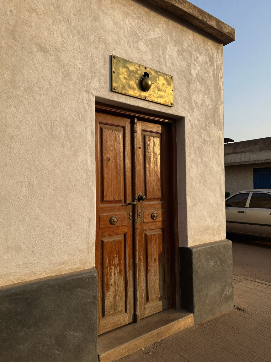 Early Morning Dakar Senegal Street Scene with Brass Escutcheon on Vintage Wooden Door in in Dakar, Senegal