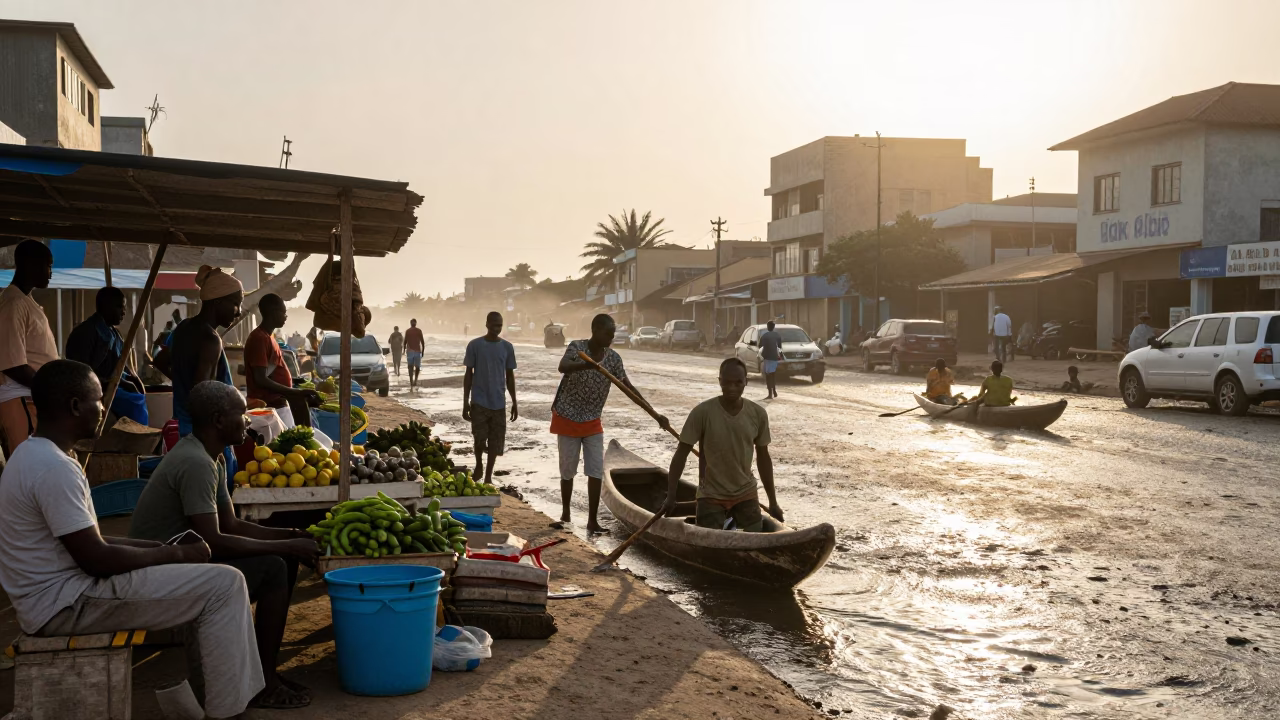 Early Morning Dakar Senegal Street Scene with Fisherman Kayak and Colorful Market Activity in in Dakar, Senegal