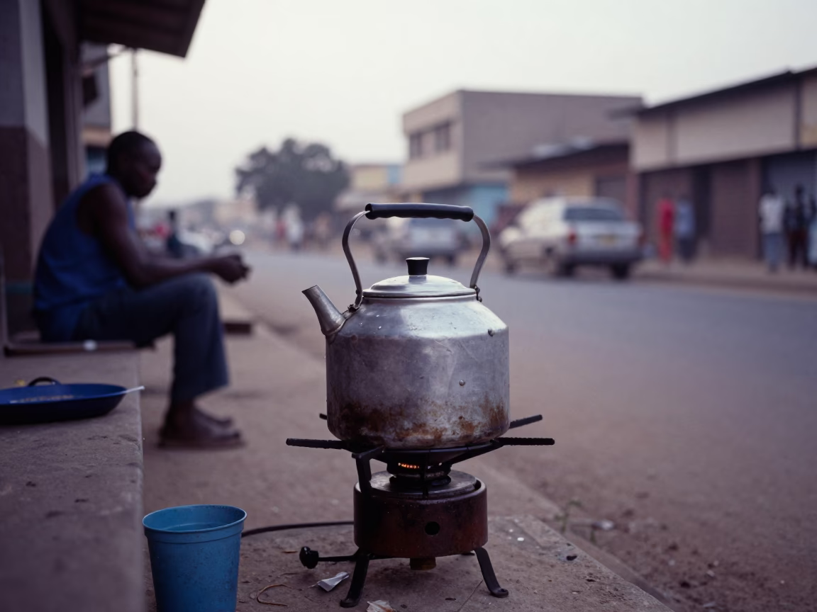 Early Morning Dakar Senegal Street Scene with Stovetop Kettle and Lemongrass Vendor in in Dakar, Senegal
