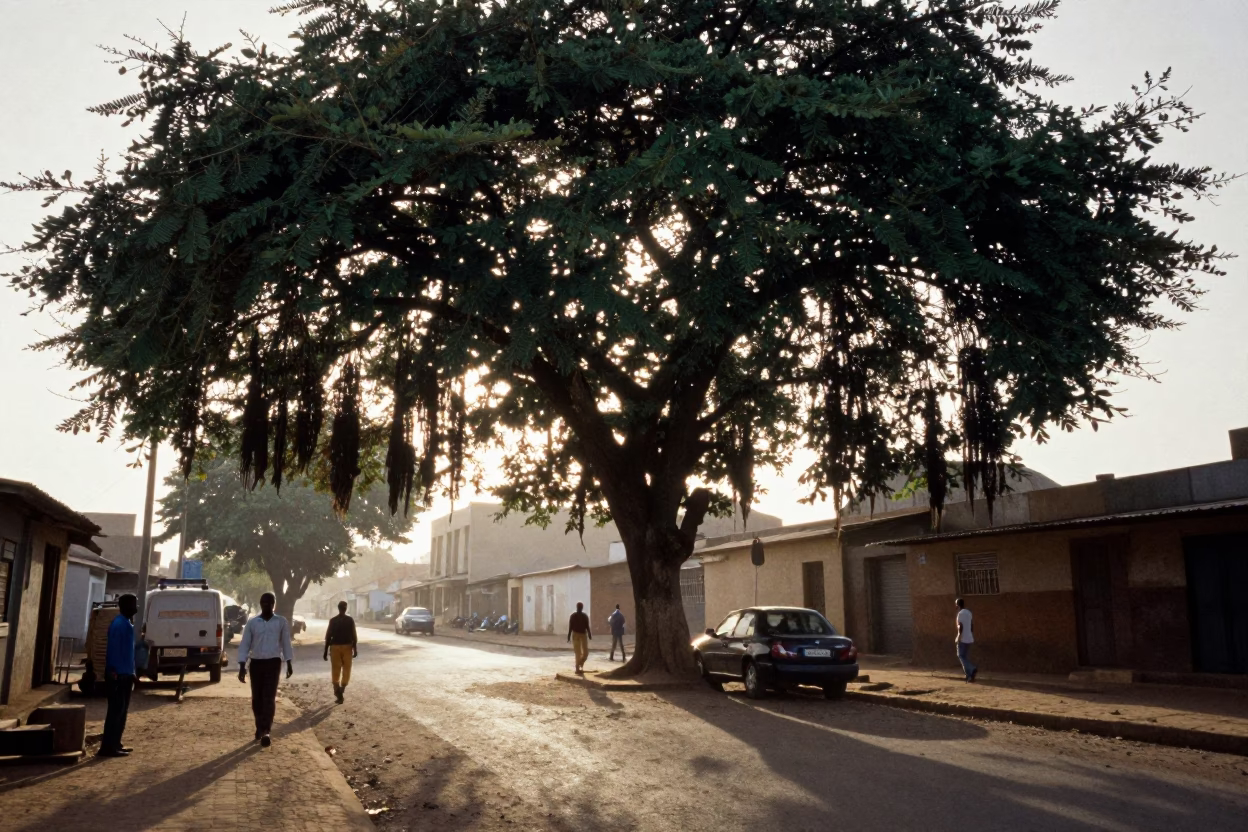 Early Morning Dakar Senegal Street Scene with Tamarind Tree and Local Vendor in in Dakar, Senegal