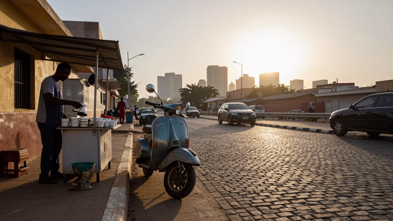 Early Morning Dakar Senegal Street Scene with Vintage Vespa and Folding Chair in in Dakar, Senegal