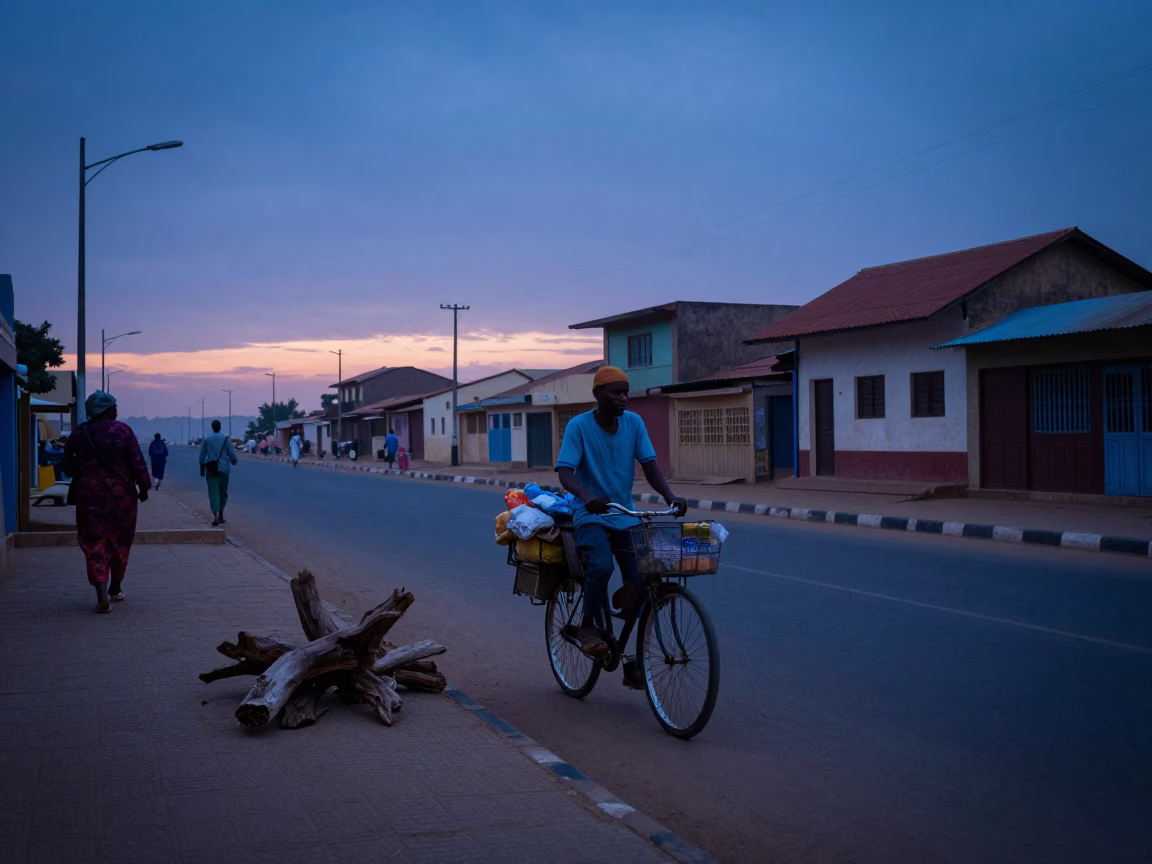 Early Morning Dakar Street Scene with Bicycle and Driftwood Before Sunrise in in Dakar, Senegal